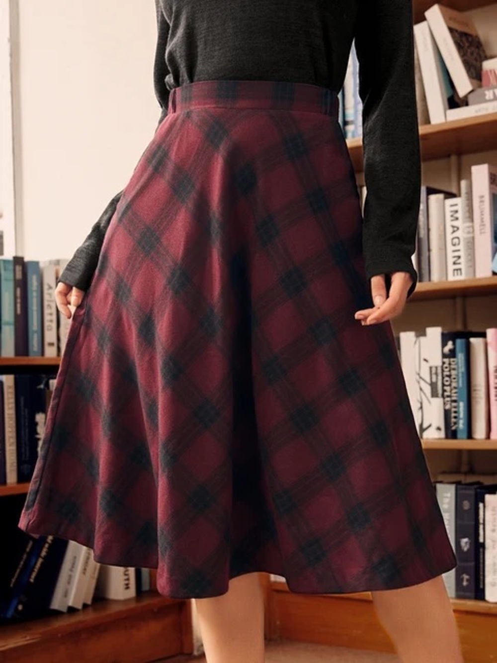 ModCloth Burgundy and Black Plaid Circle Skirt Pockets Vtg Retro Pinup Cotton M